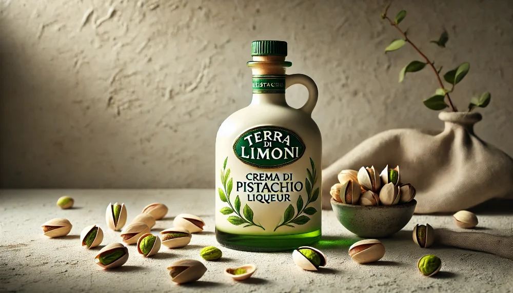 Пляшка лікеру Terra di Limoni Crema di Pistacchio на мармуровій поверхні в оточенні свіжих фісташок у природному освітленні