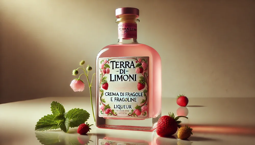 Terra di Limoni Crema di Fragole: кремовий лікер із садової та лісової полуниці Пляшка лікеру Terra di Limoni Crema di Fragole на кремовій поверхні в оточенні свіжих полуниць та полуничок під м'яким світлом