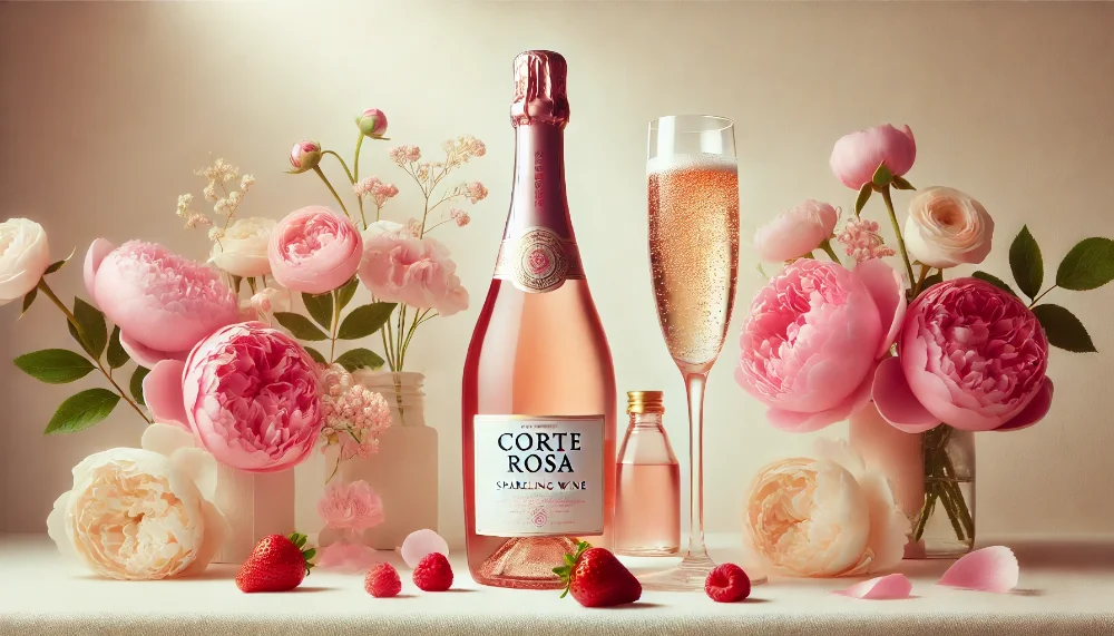 Вишукане італійське ігристе Corte Rosa у весняній композиції Пляшка ігристого вина Corte Rosa з келихами на світлому фоні в оточенні рожевих квітів та свіжих ягід