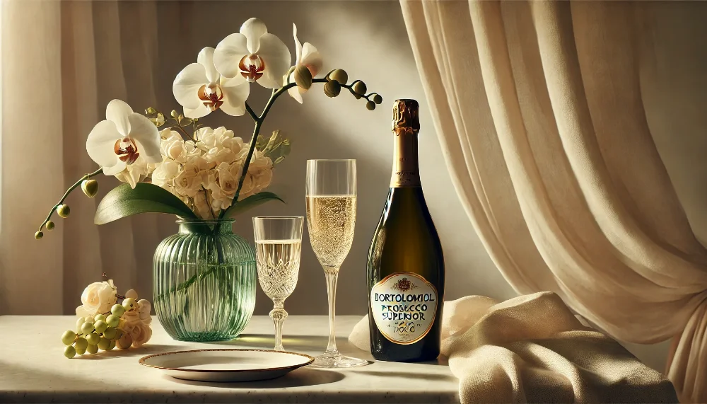 Преміальне Prosecco Bortolomiol: втілення італійської майстерності Пляшка Bortolomiol Prosecco Superiore DOCG з келихами на мармуровому столі у оточенні білих квітів та вишуканого декору