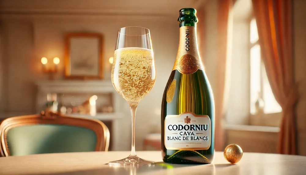 Вишуканість Codorniu: традиції іспанського ігристого з 1551 року Пляшка Codorniu Cava Blanc de Blancs та келих з ігристим вином на мармуровому столі у теплому природному освітленні