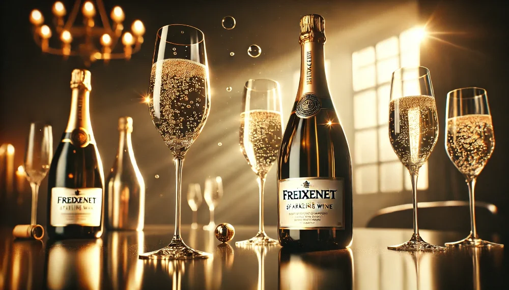 Ігристе вино Freixenet – елегантність у кожній бульбашці Широкоформатне фото пляшки Freixenet з келихами в теплому освітленні