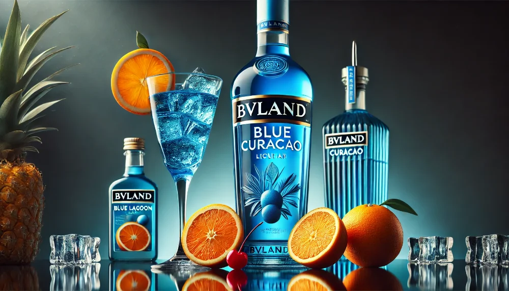 BVLand Blue Curacao: блакитна легенда коктейльного світу Пляшка блакитного лікеру BVLand Blue Curacao з коктейлем Blue Lagoon та свіжими апельсинами Кюрасао в елегантному освітленні