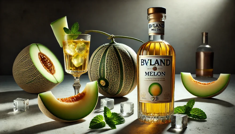 Динний лікер BVLand Melon: літня свіжість у кожній краплі Пляшка лікеру BVLand Melon на мармуровому столі поруч зі свіжою динею та освіжаючим коктейлем у природному освітленні