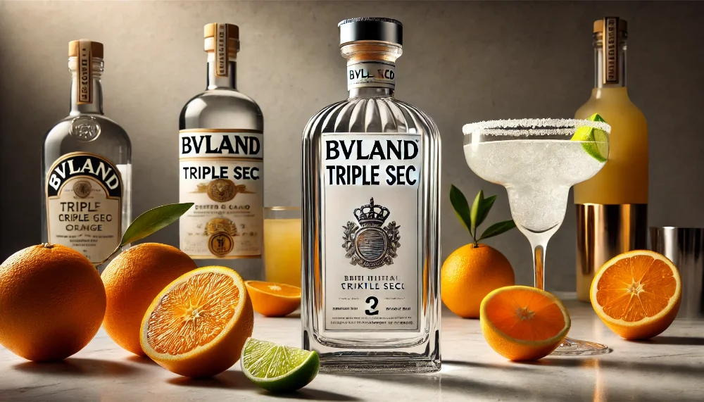 BVLand Triple Sec: чистота цитрусового смаку в кожній краплі Пляшка лікеру BVLand Triple Sec на мармуровій поверхні в оточенні свіжих цитрусових та коктейлю Маргарита в природному освітленні
