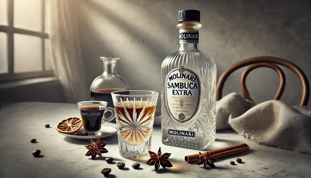 Пляшка Molinari Sambuca з кришталевою чаркою та трьома кавовими зернами на мармуровому столі серед анісу та цедри