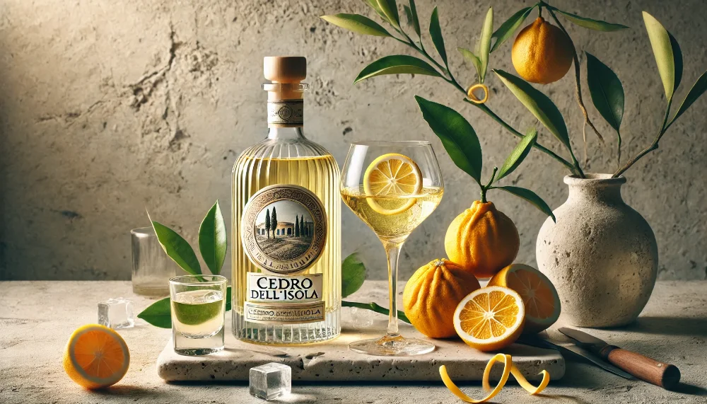 Cedro dell'Isola: сонячний смак калабрійського цитрону Пляшка Cedro dell'Isola зі склянкою лікеру на кам'яному столі в оточенні свіжих цитронів та цедри у теплому світлі