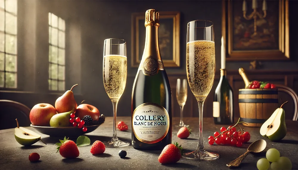 Collery Blanc de Noirs: глибина смаку в кожній бульбашці Пляшка Collery Blanc de Noirs з келихами шампанського та композицією з ягід і фруктів на мармурі