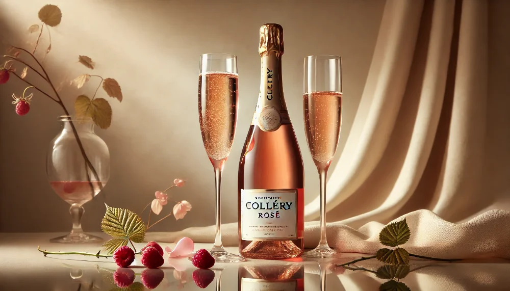 Collery Rosé: рожева симфонія елегантності та смаку Пляшка Collery Rosé з келихами шампанського в оточенні свіжих ягід малини та пелюсток троянд