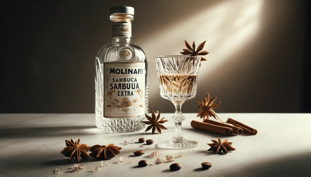 Легендарний Molinari Sambuca Extra: традиції італійського смаку Пляшка Molinari Sambuca Extra на мармуровому столі з келихом лікеру, кавовими зернами та зірочками анісу