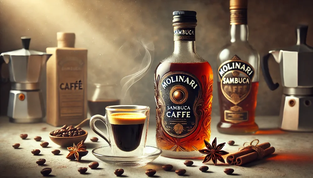Molinari Sambuca Caffè: симфонія кави та анісу в келиху Пляшка Molinari Sambuca Caffè на мармуровому столі з келихом лікеру та чашкою еспресо серед кавових зерен