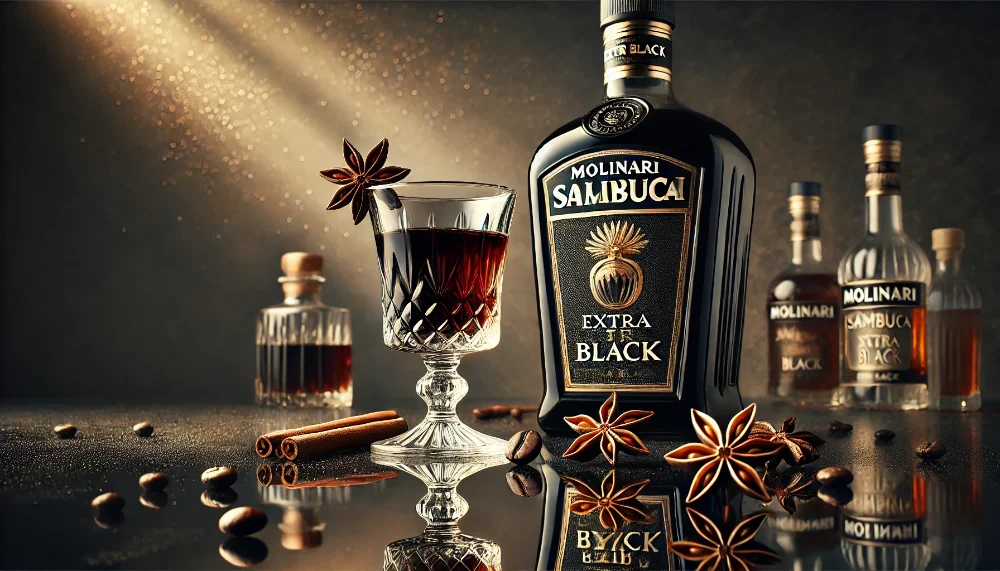 Molinari Sambuca Extra Black: темна елегантність італійського лікеру Пляшка Molinari Sambuca Extra Black з келихом темного лікеру, прикрашеним кавовими зернами, на тлі спецій