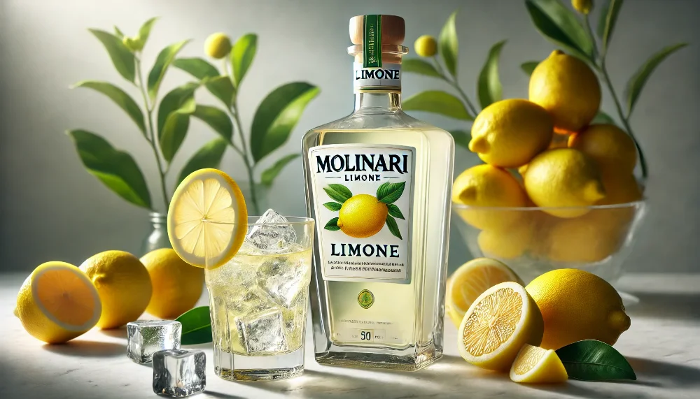 Molinari Limone: сонячна свіжість італійського узбережжя Пляшка Molinari Limone з келихом лікеру на льоду, прикрашеним слайсом лимона, в оточенні свіжих цитрусів