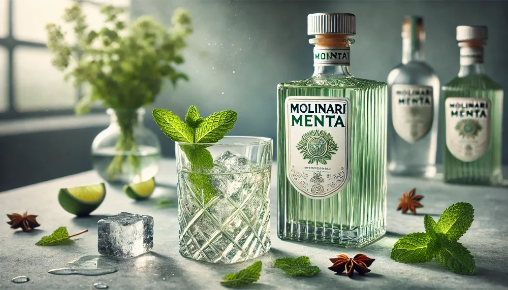 Molinari Menta: освіжаюча гармонія м'яти та анісу Пляшка Molinari Menta з келихом прозоро-зеленого лікеру на льоду, прикрашеним свіжою м'ятою
