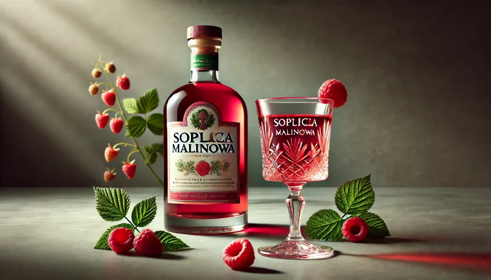 Soplica Malinowa: яскравий смак польської малини Пляшка Soplica Malinowa з келихом рубінового лікеру на світлій поверхні серед свіжих ягід малини