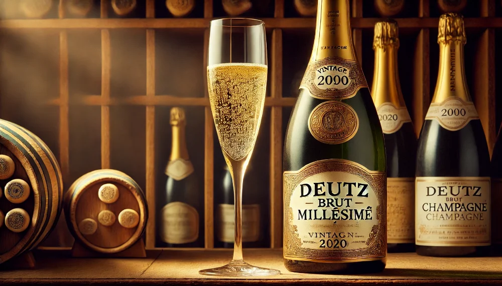Deutz Brut Millésimé: спадщина виняткових врожаїв у кожній пляшці Вінтажна пляшка Deutz Brut Millésimé на дерев'яній винній полиці поруч з келихом шампанського на фоні винного погребу