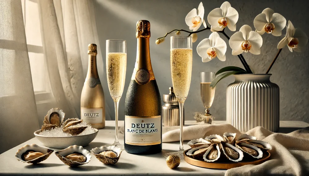 Deutz Blanc de Blancs: досконалість чистого Шардоне у келиху Пляшка Deutz Blanc de Blancs з келихами шампанського на мармуровому столі, прикрашена білою орхідеєю та устрицями