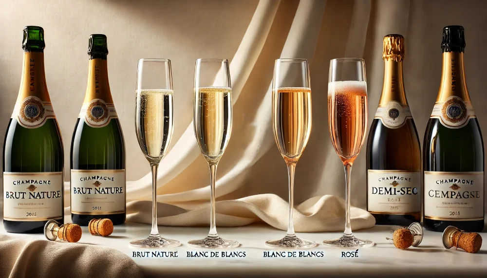 Палітра шампанського: від Brut Nature до Demi-Sec у келиху досконалості Чотири келихи з різними типами шампанського демонструють багатство відтінків та стилів легендарного напою