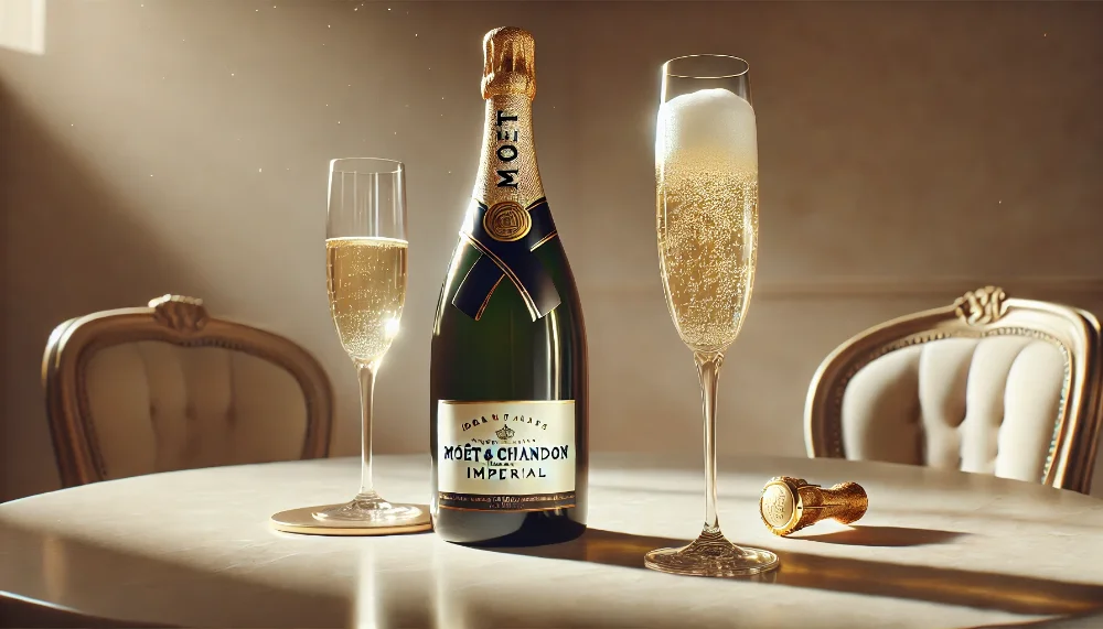 Moët & Chandon Imperial: момент розкоші у келиху Пляшка Moët & Chandon Imperial та два келихи для шампанського на мармуровому столі з вишуканим освітленням