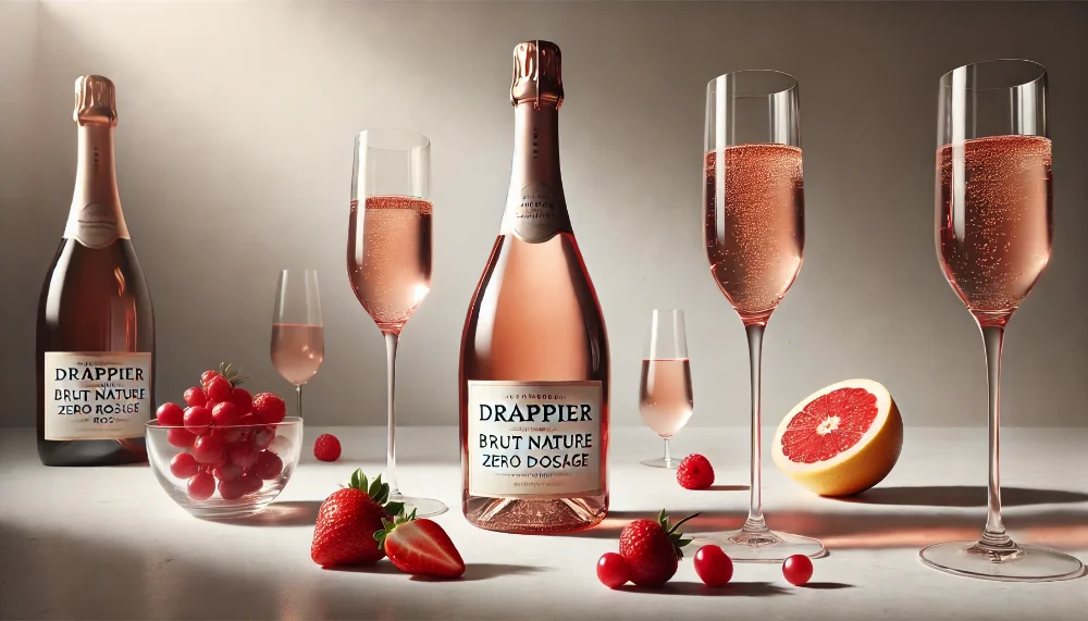 Drappier Brut Nature Zero Dosage Rosé: тріумф природної досконалості Пляшка Drappier Zero Dosage Rosé з келихами рожевого шампанського в оточенні свіжих ягід та цитрусів