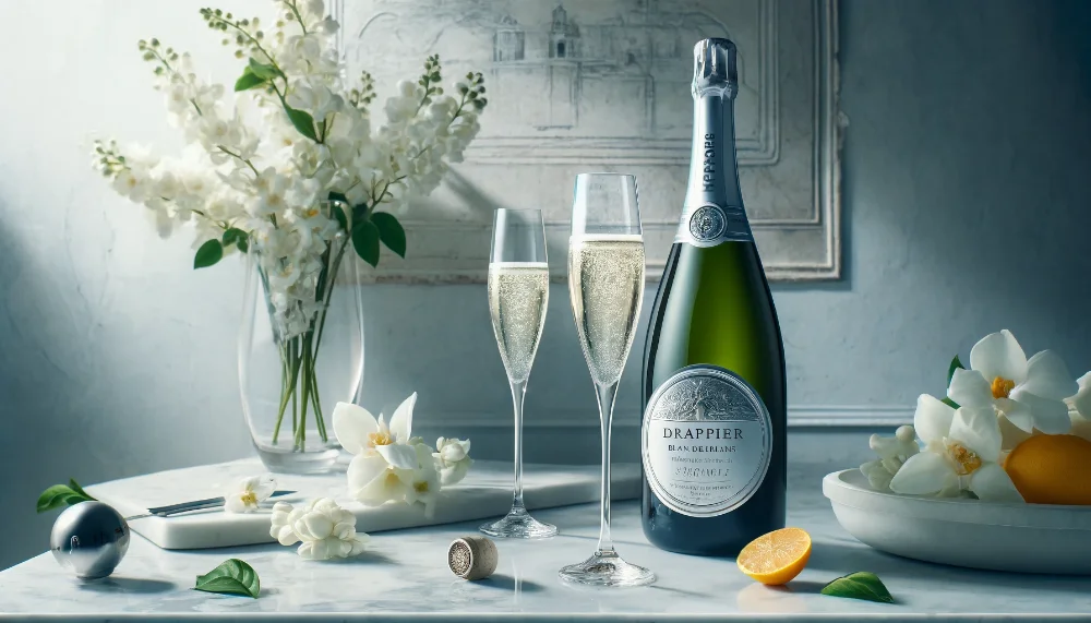 Drappier Blanc de Blancs: чистота шардоне в елегантному втіленні Пляшка Drappier Blanc de Blancs з келихами шампанського на мармуровому столі з цитрусами та білими квітами
