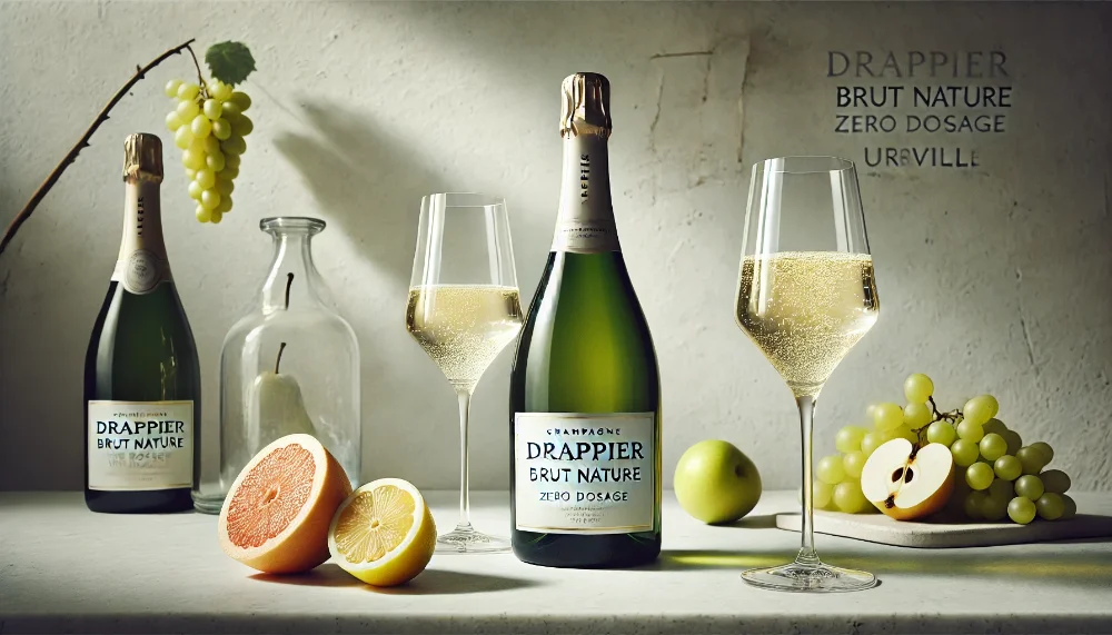 Drappier Brut Nature Zero Dosage: чистота смаку без компромісів Пляшка Drappier Brut Nature Zero Dosage з келихами шампанського на мармурі з цитрусами на фоні крейдяного погребу