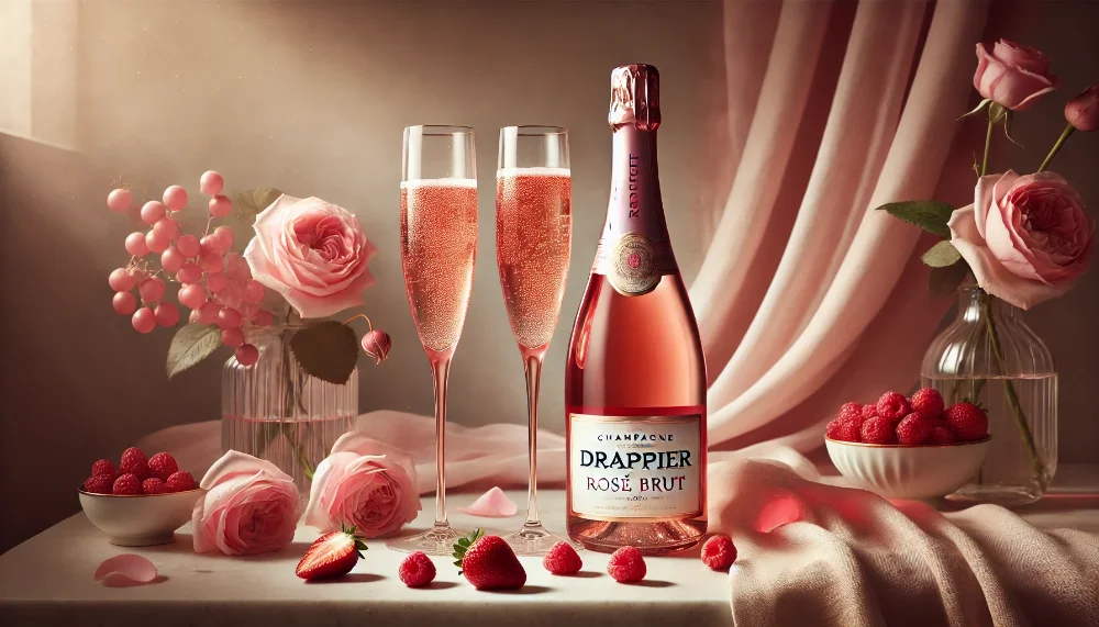 Drappier Rosé Brut: рожева елегантність у келиху преміального шампанського Пляшка Drappier Rosé Brut з келихами рожевого шампанського на мармуровому столі з ягодами та пелюстками троянд