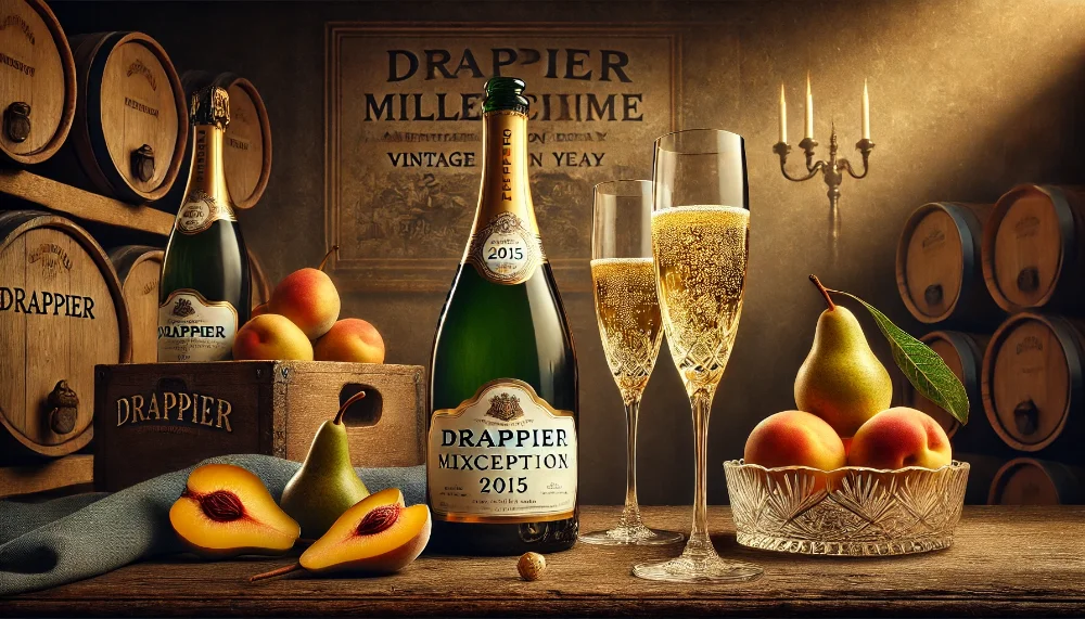 Drappier Millésime Exception 2015: втілення унікального врожаю в келиху Вінтажна пляшка Drappier Millésime Exception 2015 з келихами шампанського в оточенні свіжих фруктів у погребі
