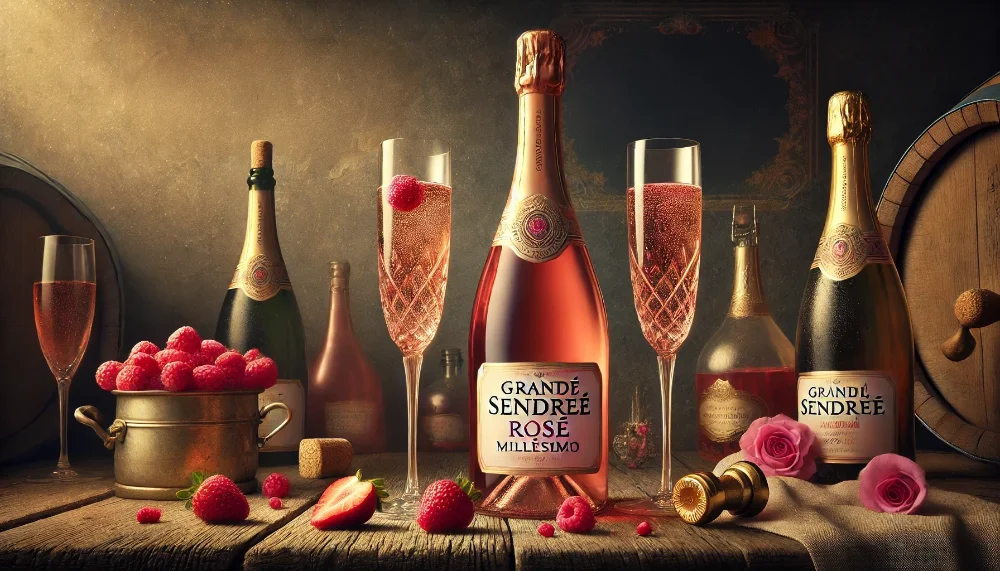 Grande Sendrée Rosé 2010: вінтажна розкіш легендарного дому Drappier Пляшка Grande Sendrée Rosé Millésime 2010 з келихами рожевого шампанського серед ягід та троянд у винному погребі