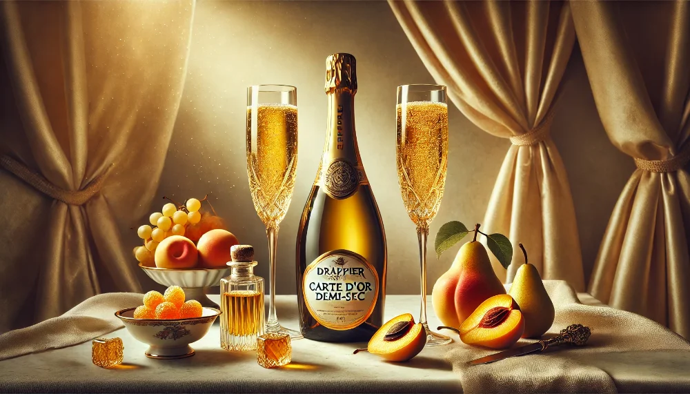 Drappier Carte d'Or Demi-Sec: медова елегантність у келиху шампанського Пляшка Drappier Carte d'Or Demi-Sec з келихами шампанського на мармуровому столі зі стиглими фруктами та медом