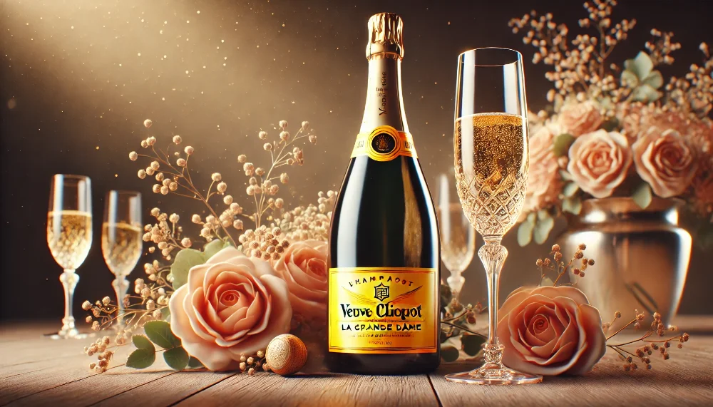Шампанське Veuve Clicquot La Grande Dame у вишуканій обстановці Пляшка Veuve Clicquot La Grande Dame на столі з келихами, квітковим декором і теплим золотистим освітленням