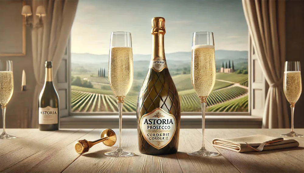 Преміальне Astoria Prosecco DOCG Valdobbiadene на тлі виноградників Пляшка Astoria Prosecco DOCG Valdobbiadene з діамантовим огранюванням та келихи на дерев'яному столі з видом на виноградники