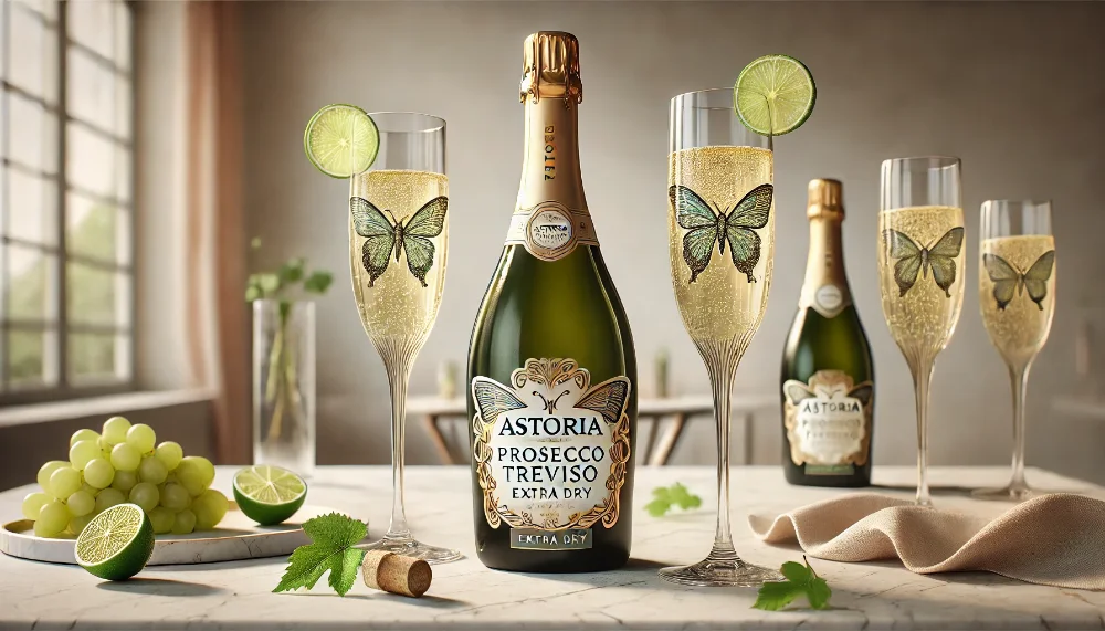 Вишукане Astoria Prosecco Butterfly Extra Dry в елегантній подачі Охолоджена пляшка Astoria Prosecco Butterfly Extra Dry з келихами-флюте на мармуровій поверхні з декором із листя