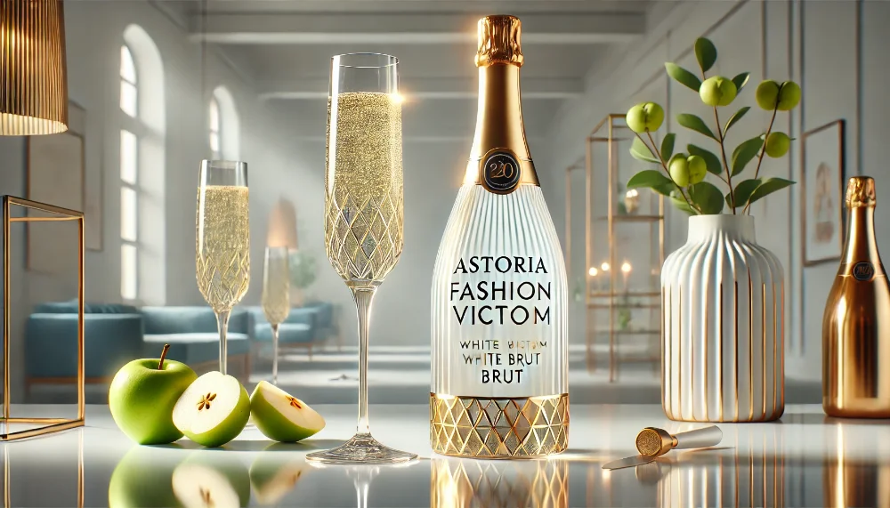 Стильне Astoria Fashion Victim біле брют в сучасній подачі Охолоджена пляшка Astoria Fashion Victim брют з келихами на глянцевій поверхні в модному інтер'єрі