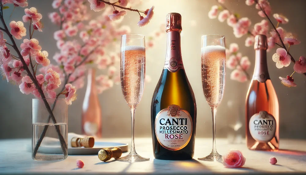 Вишукане рожеве ігристе Canti Prosecco Millesimato Rosé у променях сонця Пляшка Canti Prosecco Millesimato Rosé з двома келихами на мармуровому столі на фоні квітучої сакури