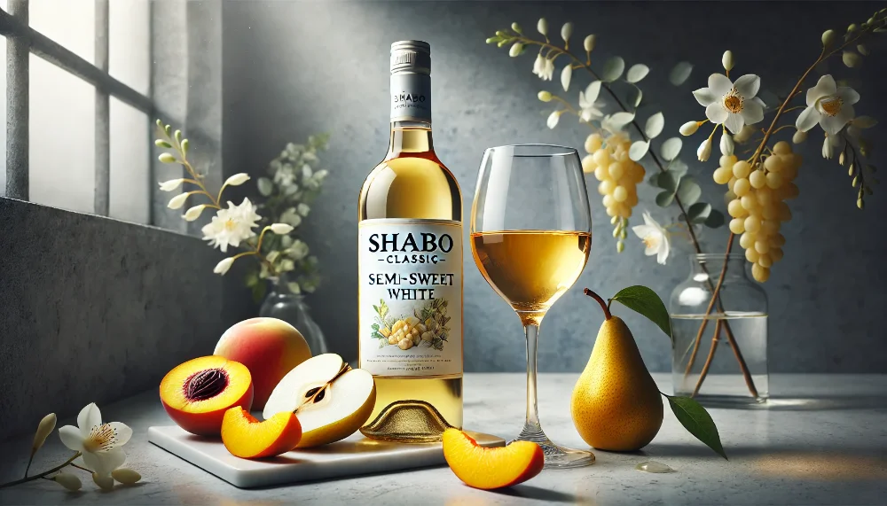 Вишукане Shabo Classic Напівсолодке Біле з тропічними фруктами Пляшка Shabo Classic Напівсолодке Біле та келих вина на мармурі з грушею, персиком та манго