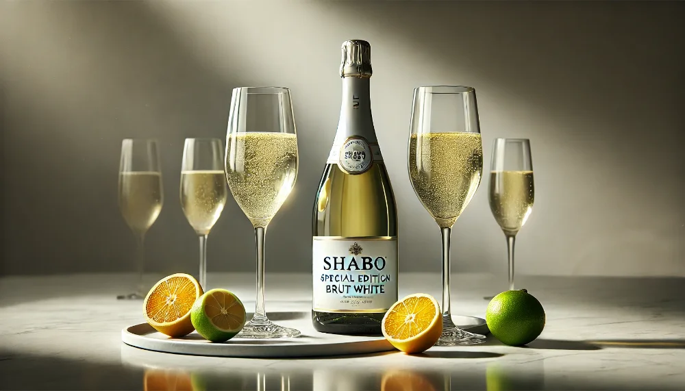 Преміальне ігристе Shabo Special Edition Брют Біле в елегантній подачі Пляшка Shabo Special Edition Брют Біле з двома келихами ігристого вина та свіжими цитрусовими на мармуровому столі