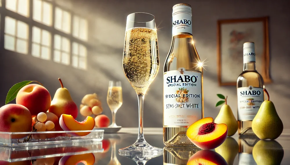 Shabo Special Edition Напівсолодке Біле в оточенні свіжих фруктів Пляшка Shabo Special Edition Напівсолодке Біле зі скляним келихом на прозорому столі, доповнена композицією зі свіжих фруктів