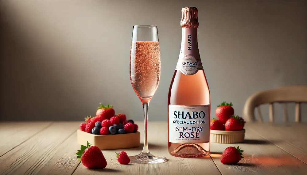 Елегантне Shabo Special Edition Напівсухе Рожеве з ягідними акцентами Пляшка Shabo Special Edition Напівсухе Рожеве з келихом ігристого на дерев'яному столі, доповнена свіжими ягодами