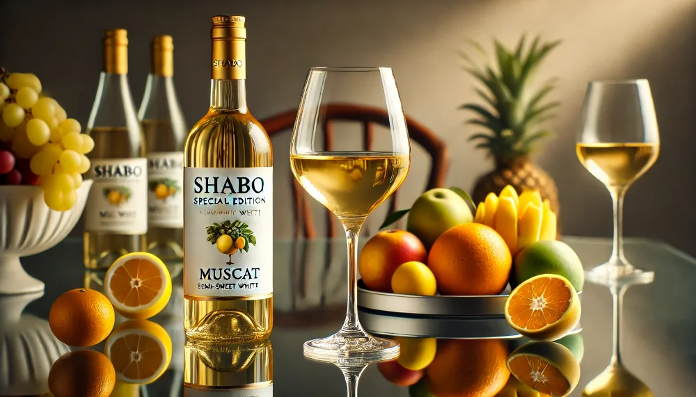 Преміальне Shabo Special Edition Мускатне з цитрусовими акцентами Пляшка Shabo Special Edition Мускатне зі скляним келихом на прозорому столі в оточенні свіжих цитрусових фруктів