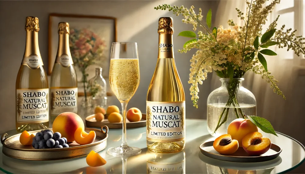 Витончене Shabo Natural Muscat Limited Edition з фруктовими нотами Пляшка Shabo Natural Muscat Limited Edition з келихом ігристого на скляному столі в оточенні персиків та квітів акації