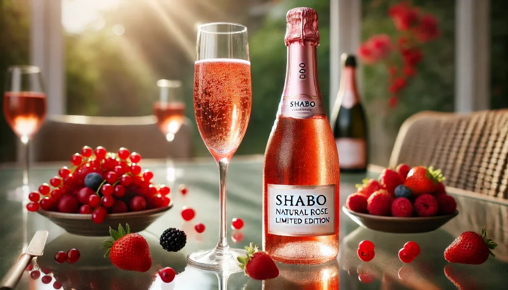 Елегантне Shabo Natural Rose Limited Edition з ягідними акцентами Пляшка Shabo Natural Rose Limited Edition з келихом ігристого на скляному столі в оточенні свіжих червоних ягід