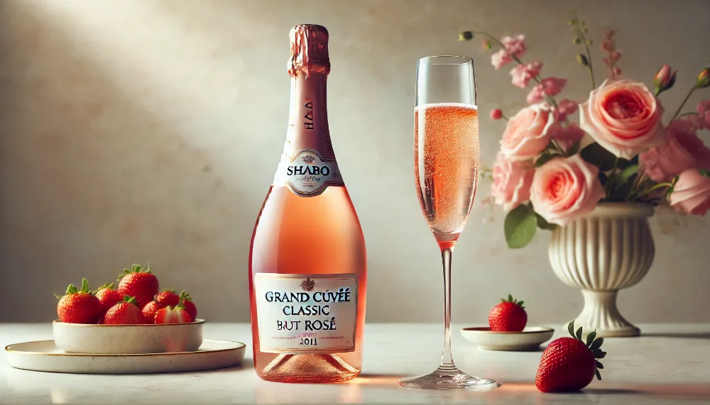 Преміальне рожеве ігристе Shabo Grand Cuvee Classic 2011 Пляшка рожевого ігристого Shabo Grand Cuvee Classic 2011 з наповненим келихом на мармуровому столі серед полуниць і троянд.