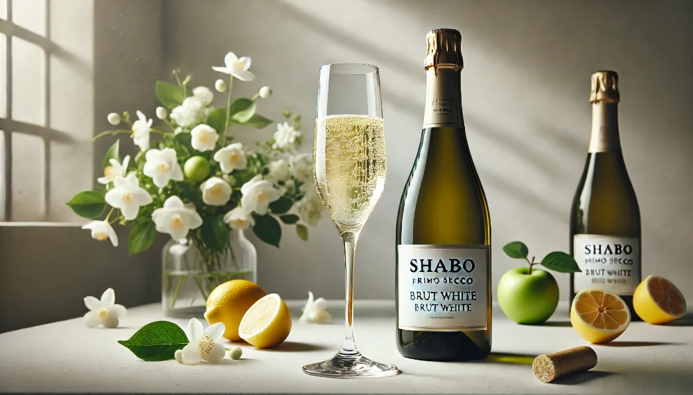 Вишукане Shabo Primo Secco Брют Біле з винограду Тельті-Курук Пляшка ігристого Shabo Primo Secco Брют Біле з келихом на мармурі в оточенні цитрусів та яблук