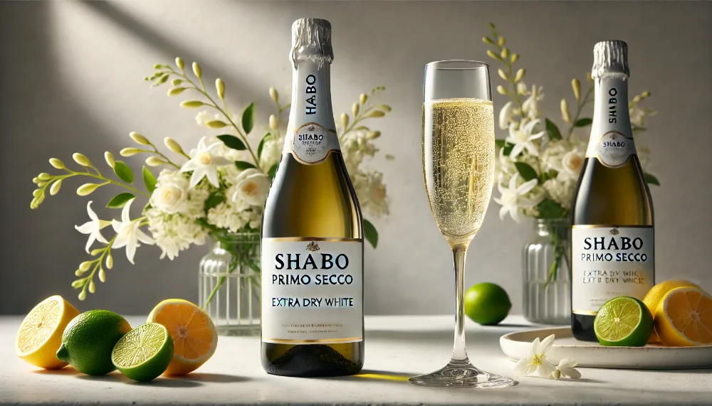 Елегантне Shabo Primo Secco Екстрасухе з винограду Тельті-Курук Пляшка ігристого Shabo Primo Secco Екстрасухе Біле з келихом на мармурі в оточенні цитрусів