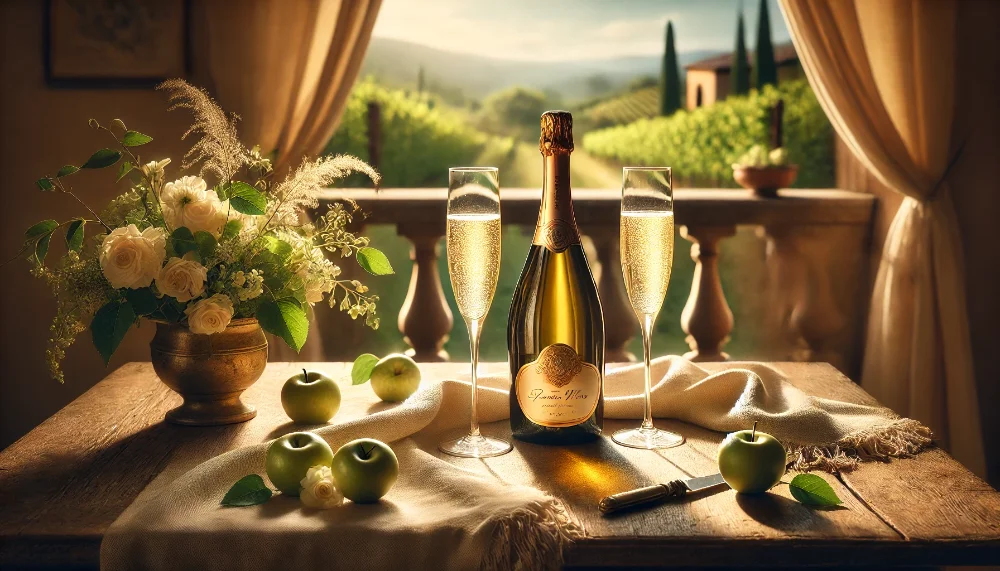 Zonin Prosecco DOC - втілення італійських традицій виноробства з 1821 року Пляшка ігристого вина з двома келихами флюте на столі з італійською скатертиною, прикрашеному яблуками та квітами.