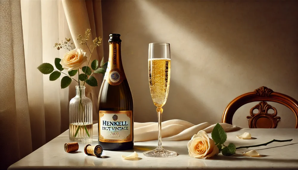Вінтажне ігристе Henkell Brut - втілення елегантності та досконалості Пляшка Henkell Brut Vintage та келих флюте з ігристим вином на мармуровому столі з пелюстками троянд у м'якому освітленні.