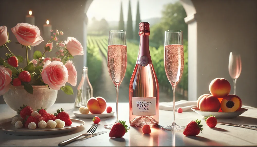 Prosecco Rosé Zonin DOC - витончена гармонія Глера та Піно Нуар Пляшка Prosecco Rosé Zonin DOC з келихами флюте, свіжими ягодами та персиками на мармуровому столі.