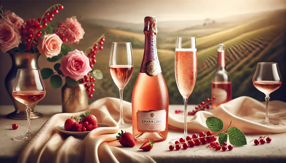Zonin Cuvée Rosé - втілення італійської елегантності в кожній бульбашці Пляшка Zonin Cuvée Rosé з келихами флюте на мармуровому столі зі свіжими ягодами та пелюстками троянд.
