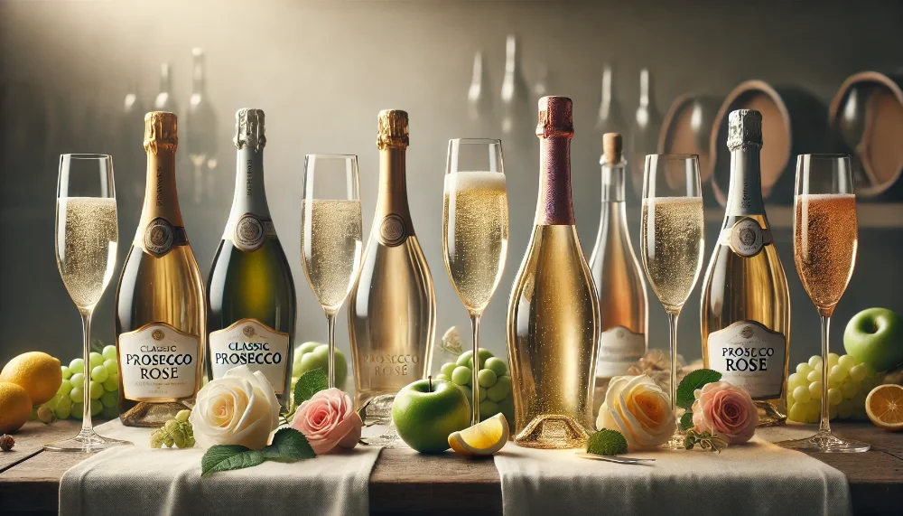 Асортимент ігристих вин Zonin - від класичного Prosecco до вишуканого Millesimato Три пляшки з лінійки Zonin з наповненими келихами флюте на білій скатертині у супроводі фруктів та квітів.